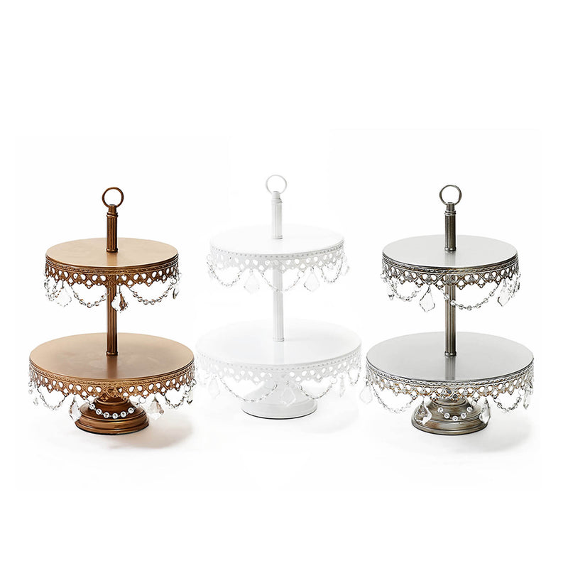 chandelier tiered dessert stands in gold, silver, white