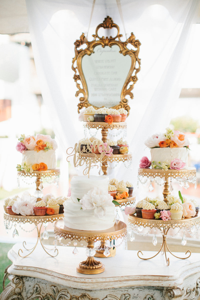 wedding cake and cupcake dessert styling set-up with