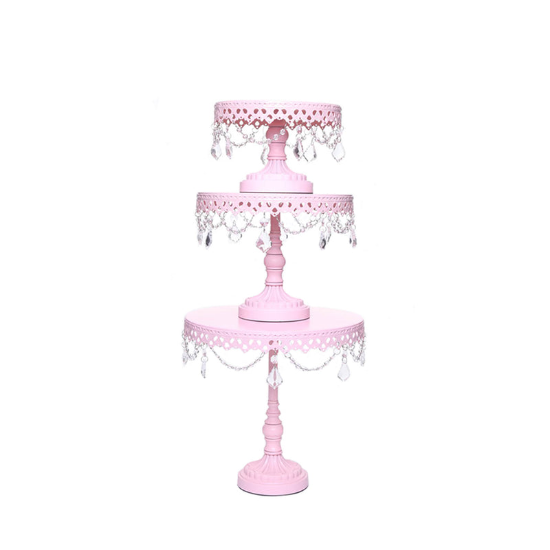 pink metal cake stand set of 3 with chandelier accents by opulent treasures