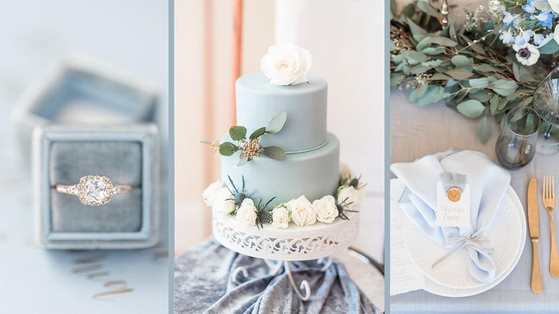 2 tier pastel blue wedding cake on white metal cake stand