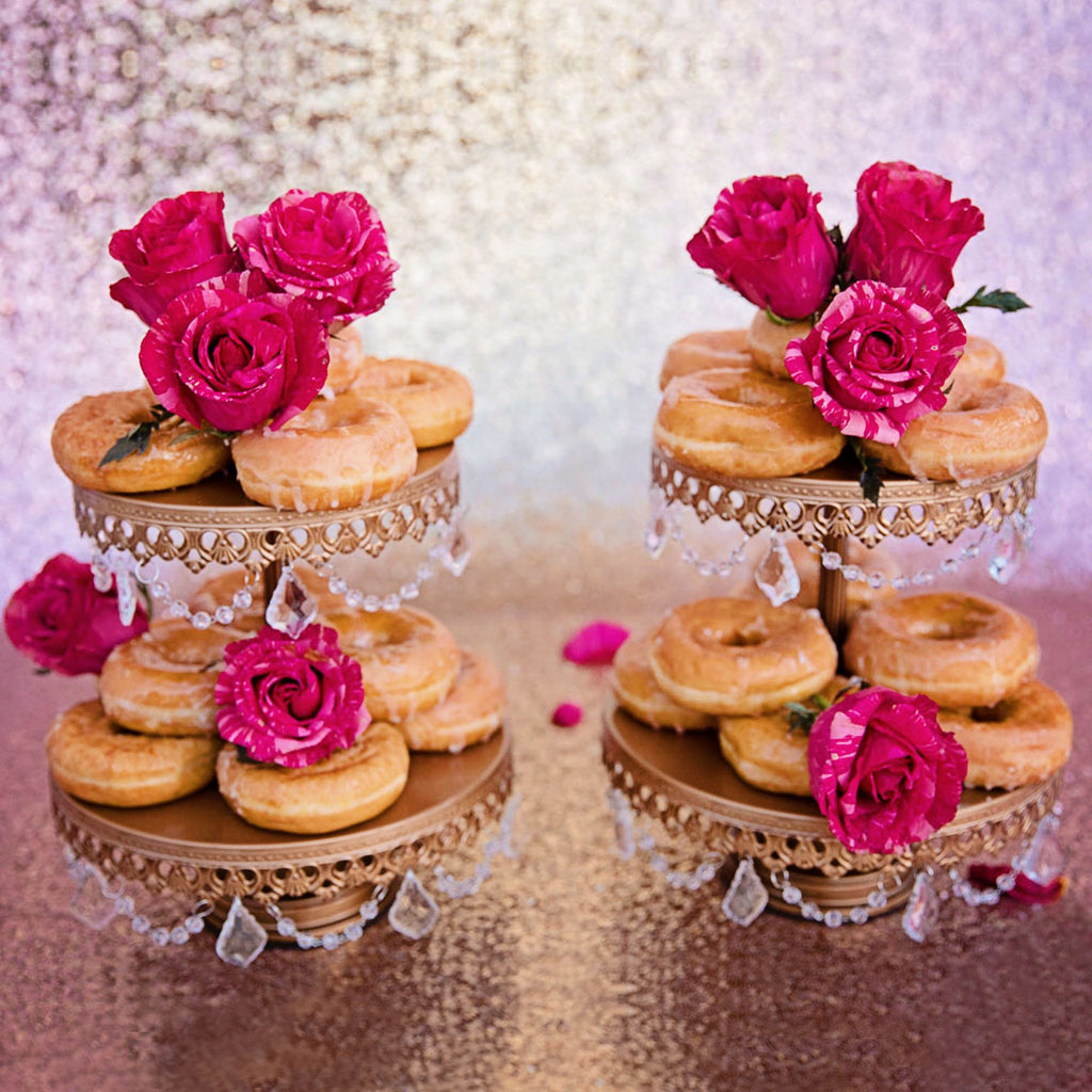 2 tier gold dessert stands with donuts