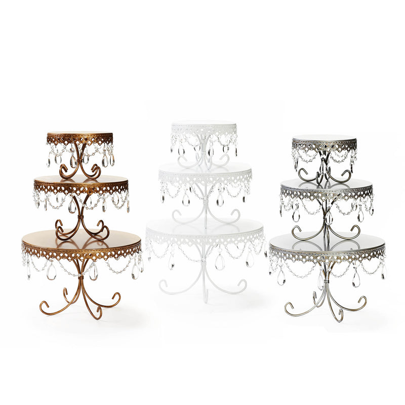 decorative cake stands with chandelier accents in white silver gold