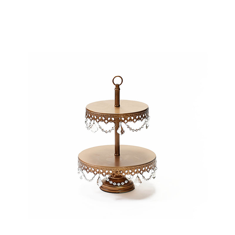 gold 2 tiered dessert stand serving display with chandelier accents