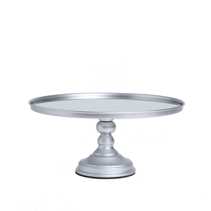 large silver round metal cake stand with mirror serving plate