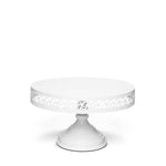 white decorative edge round pedestal metal cake stand