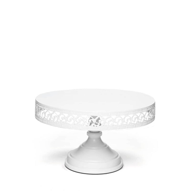 white decorative edge round pedestal metal cake stand