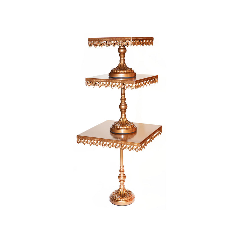 square gold decorative metal cake stand set with pedestal base