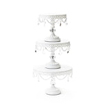 white metal cake stand set of 3 with clear chandelier accents